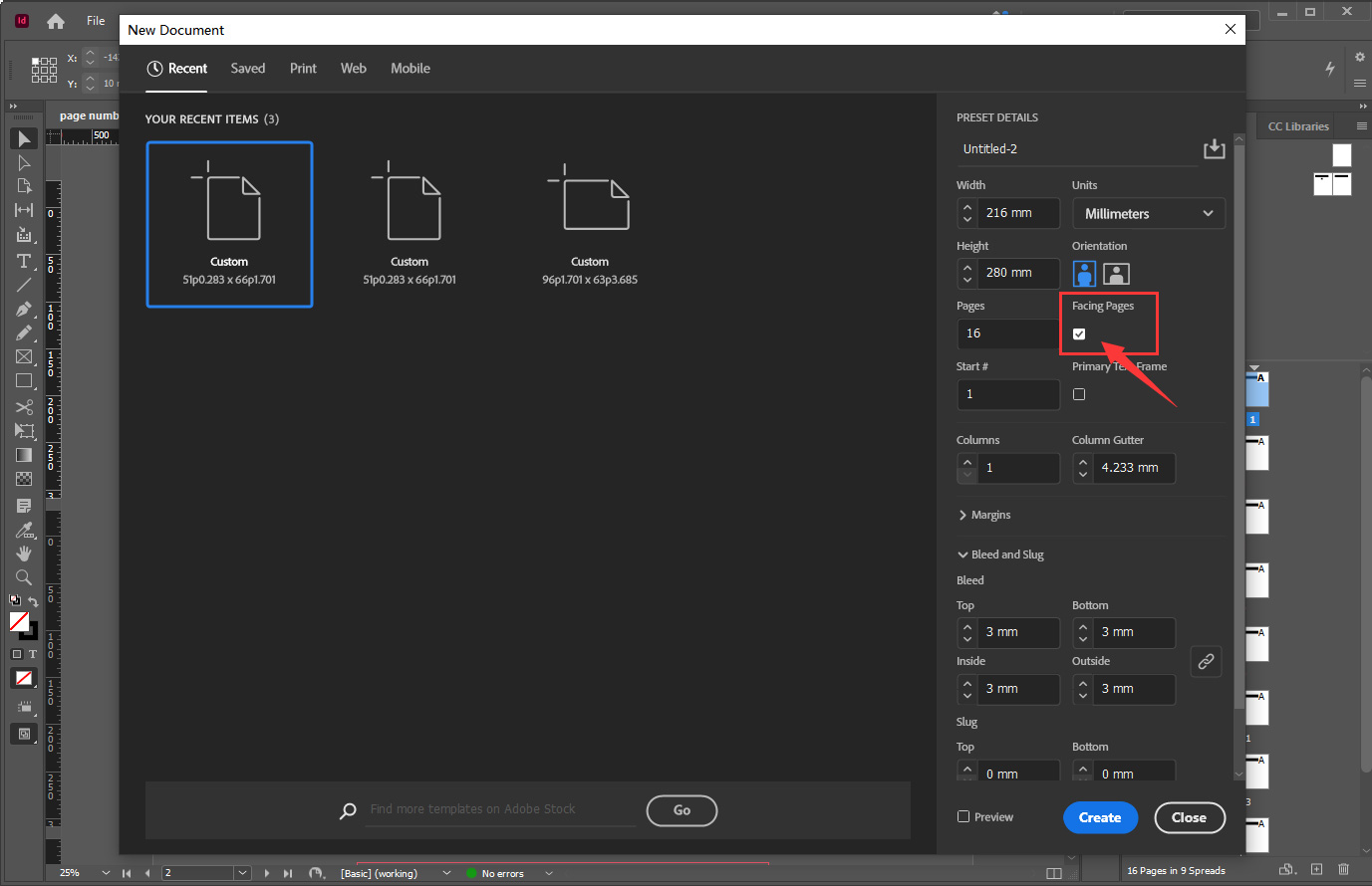 Set facing page in Indesign New Document